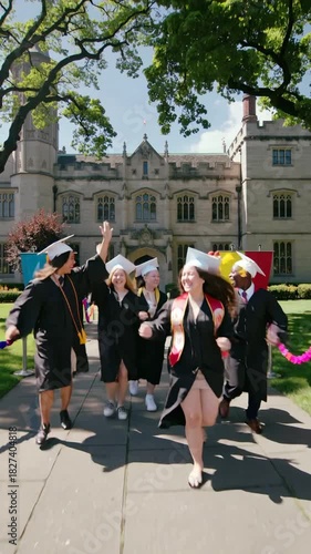 Group of graduates in caps and gowns running joyfully on campus, vertical footage