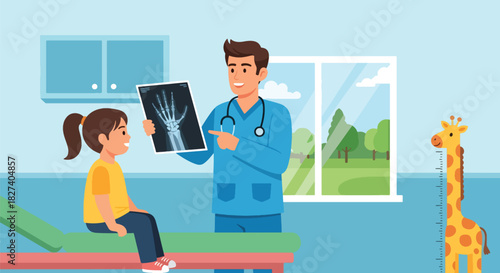 Doctor reviewing an X-ray image with a curious child in a friendly clinic environment. Ideal for health education, pediatric care visuals, and medical illustrations