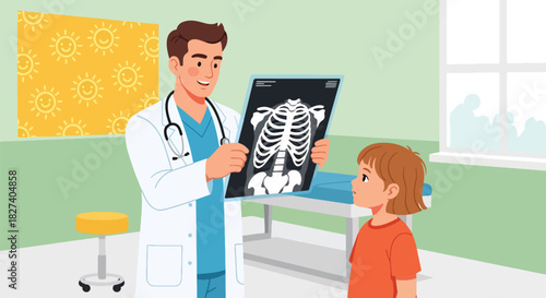 Doctor reviewing an X-ray image with a curious child in a friendly clinic environment. Ideal for health education, pediatric care visuals, and medical illustrations