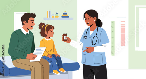 Pediatrician providing medicine instructions to child and parent. Ideal for caregiver education, pediatric clinic visuals, and safe medication designs