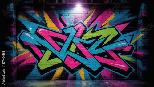 Vibrant graffiti art on urban brick wall at night.
