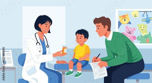Pediatrician providing medicine instructions to child and parent. Ideal for caregiver education, pediatric clinic visuals, and safe medication designs