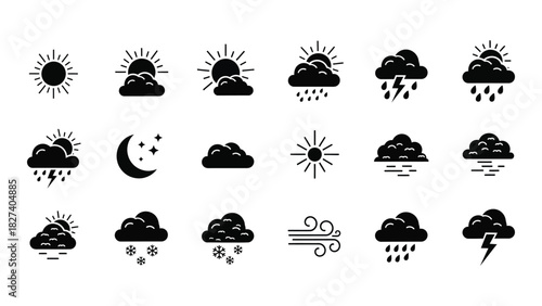 Weather condition silhouettes icon set isolated on white background, Vector