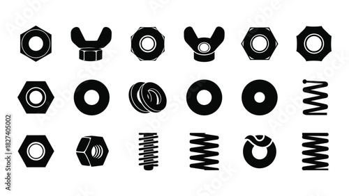 Hardware fasteners and springs silhouette icons isolated on white background, Vector