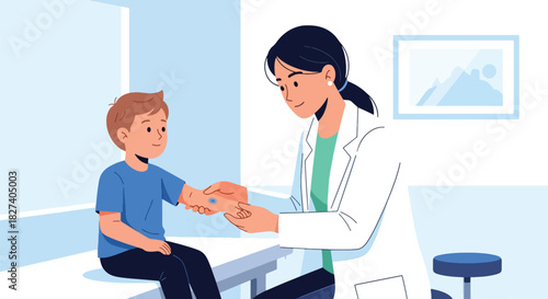Pediatrician examining a child’s arm injury with care. Ideal for first-aid visuals, emergency clinic illustrations, and pediatric health education content