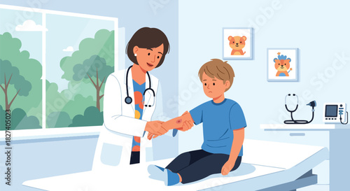 Pediatrician examining a child’s arm injury with care. Ideal for first-aid visuals, emergency clinic illustrations, and pediatric health education content