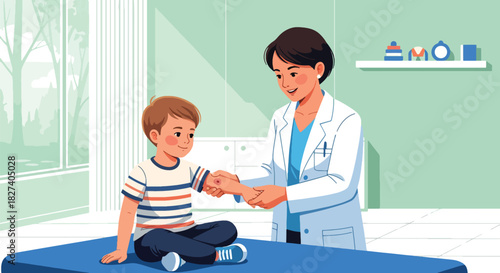 Pediatrician examining a child’s arm injury with care. Ideal for first-aid visuals, emergency clinic illustrations, and pediatric health education content