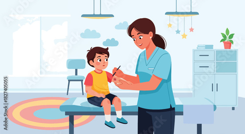 Pediatrician examining a child’s arm injury with care. Ideal for first-aid visuals, emergency clinic illustrations, and pediatric health education content