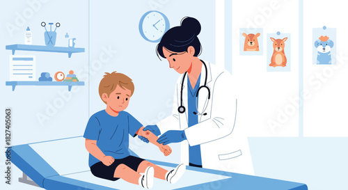 Pediatrician examining a child’s arm injury with care. Ideal for first-aid visuals, emergency clinic illustrations, and pediatric health education content