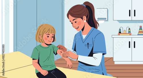 Pediatrician examining a child’s arm injury with care. Ideal for first-aid visuals, emergency clinic illustrations, and pediatric health education content