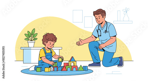 Child playing with toys in clinic waiting area as doctor approaches. Ideal for pediatric waiting room visuals, childcare themes, and friendly medical illustrations