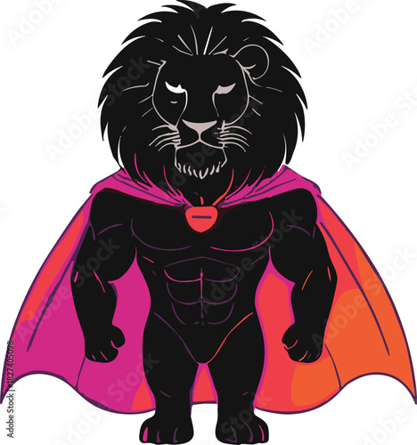 Anthropomorphic lion superhero with muscular body and flowing cape, powerful animal character illustration, symbolic courage strength leadership, fantasy mascot concept design