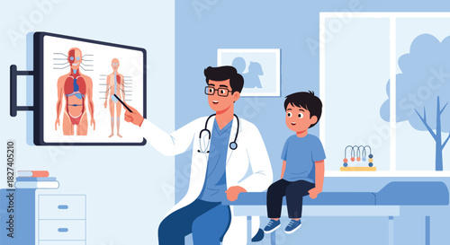 Doctor showing child a simple anatomy chart of body organs. Ideal for health education materials, pediatric learning content, and medical teaching visuals