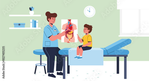Doctor showing child a simple anatomy chart of body organs. Ideal for health education materials, pediatric learning content, and medical teaching visuals