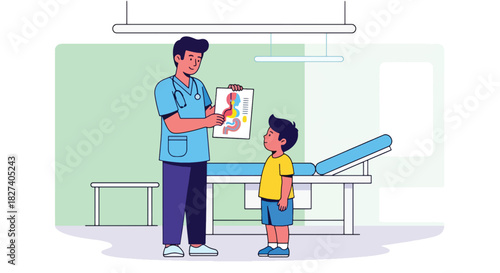 Doctor showing child a simple anatomy chart of body organs. Ideal for health education materials, pediatric learning content, and medical teaching visuals