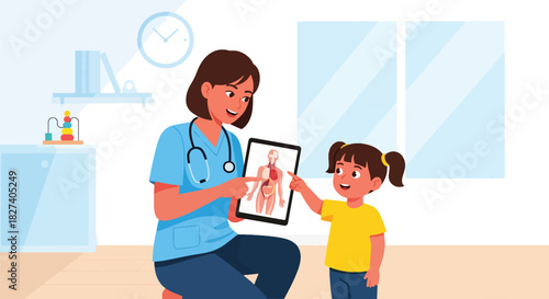 Doctor showing child a simple anatomy chart of body organs. Ideal for health education materials, pediatric learning content, and medical teaching visuals