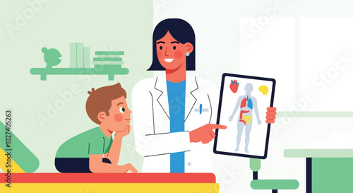 Doctor showing child a simple anatomy chart of body organs. Ideal for health education materials, pediatric learning content, and medical teaching visuals