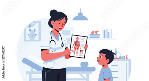 Doctor showing child a simple anatomy chart of body organs. Ideal for health education materials, pediatric learning content, and medical teaching visuals