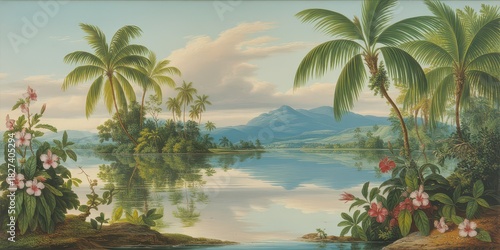 Wallpaper serene tropical landscape painting in pastel tones