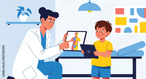 Doctor showing child a simple anatomy chart of body organs. Ideal for health education materials, pediatric learning content, and medical teaching visuals