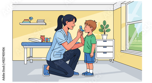 Doctor guiding child on proper inhaler use with lung diagrams. Ideal for asthma education, pediatric care guides, and medical instruction illustrations