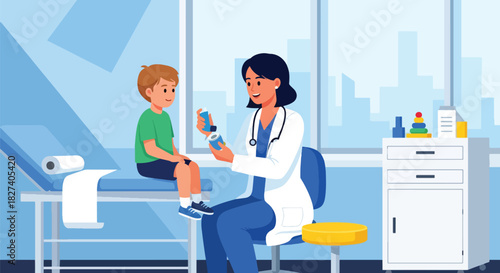 Doctor guiding child on proper inhaler use with lung diagrams. Ideal for asthma education, pediatric care guides, and medical instruction illustrations