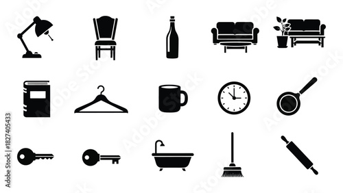 Collection of household object silhouettes isolated on white background, Vector