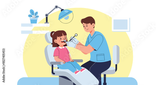 Dentist examining a child’s teeth with mirror tool in a bright pediatric clinic. Ideal for dental health education, kids’ dentist themes, and oral care illustrations