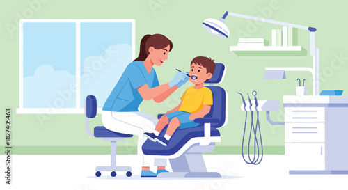 Dentist examining a child’s teeth with mirror tool in a bright pediatric clinic. Ideal for dental health education, kids’ dentist themes, and oral care illustrations