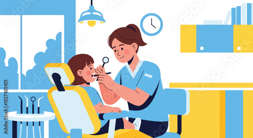 Dentist examining a child’s teeth with mirror tool in a bright pediatric clinic. Ideal for dental health education, kids’ dentist themes, and oral care illustrations