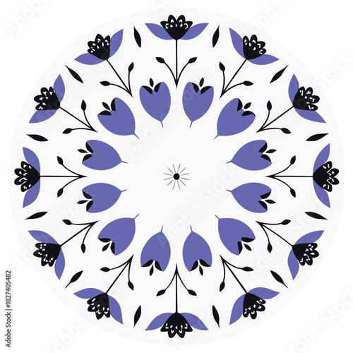 Circular mandala design featuring bluebells and daisies