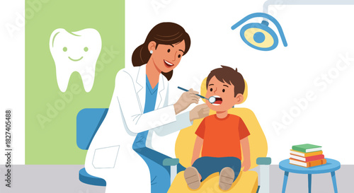 Dentist examining a child’s teeth with mirror tool in a bright pediatric clinic. Ideal for dental health education, kids’ dentist themes, and oral care illustrations