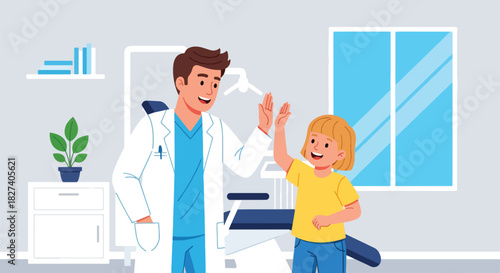 Doctor and child sharing a cheerful high-five after a completed checkup. Ideal for positive healthcare themes, pediatric clinic branding, and supportive medical visuals