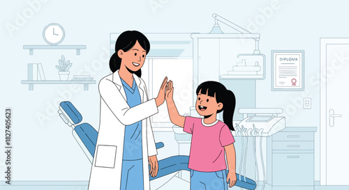 Doctor and child sharing a cheerful high-five after a completed checkup. Ideal for positive healthcare themes, pediatric clinic branding, and supportive medical visuals
