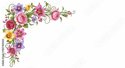 Delicate floral corner design featuring pink, purple, and yellow blossoms as a decorative border.