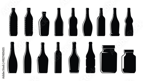 Various bottle and jar silhouettes isolated on white background, Vector
