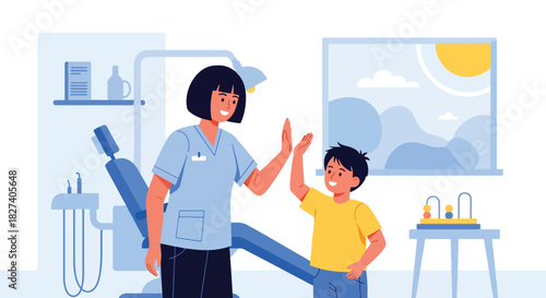 Doctor and child sharing a cheerful high-five after a completed checkup. Ideal for positive healthcare themes, pediatric clinic branding, and supportive medical visuals