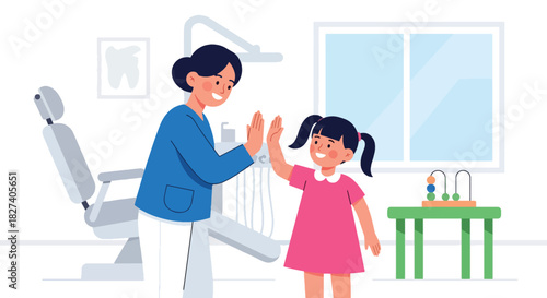 Doctor and child sharing a cheerful high-five after a completed checkup. Ideal for positive healthcare themes, pediatric clinic branding, and supportive medical visuals