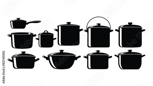 Cooking pot and pan silhouettes set isolated on white background, Vector