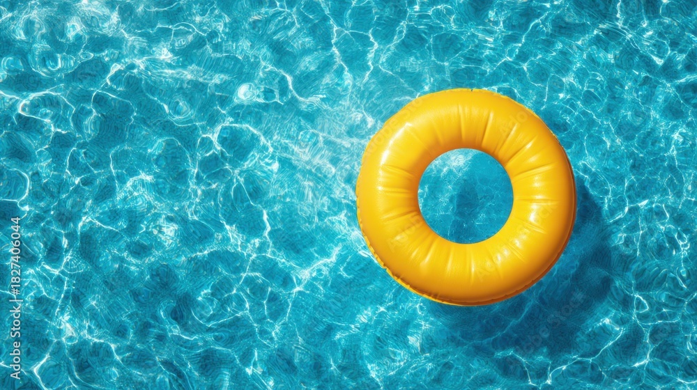 Fototapeta premium A vibrant yellow floaty circles the surface of a clear blue swimming pool. Sunlight reflects off the water creating dynamic patterns. It's a perfect day for fun in the water.