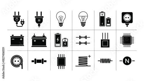 Electrical components silhouette icons isolated on white background, Vector