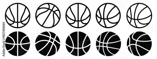 Basketball icon set in clean line style, featuring sports equipment symbols, player actions, court elements, competition graphics, training icons, team sport concepts, and vector illustration suitable
