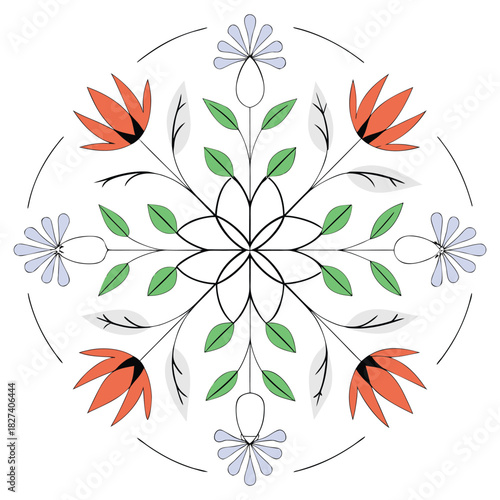 Cool toned floral mandala featuring cornflowers and snowdrops