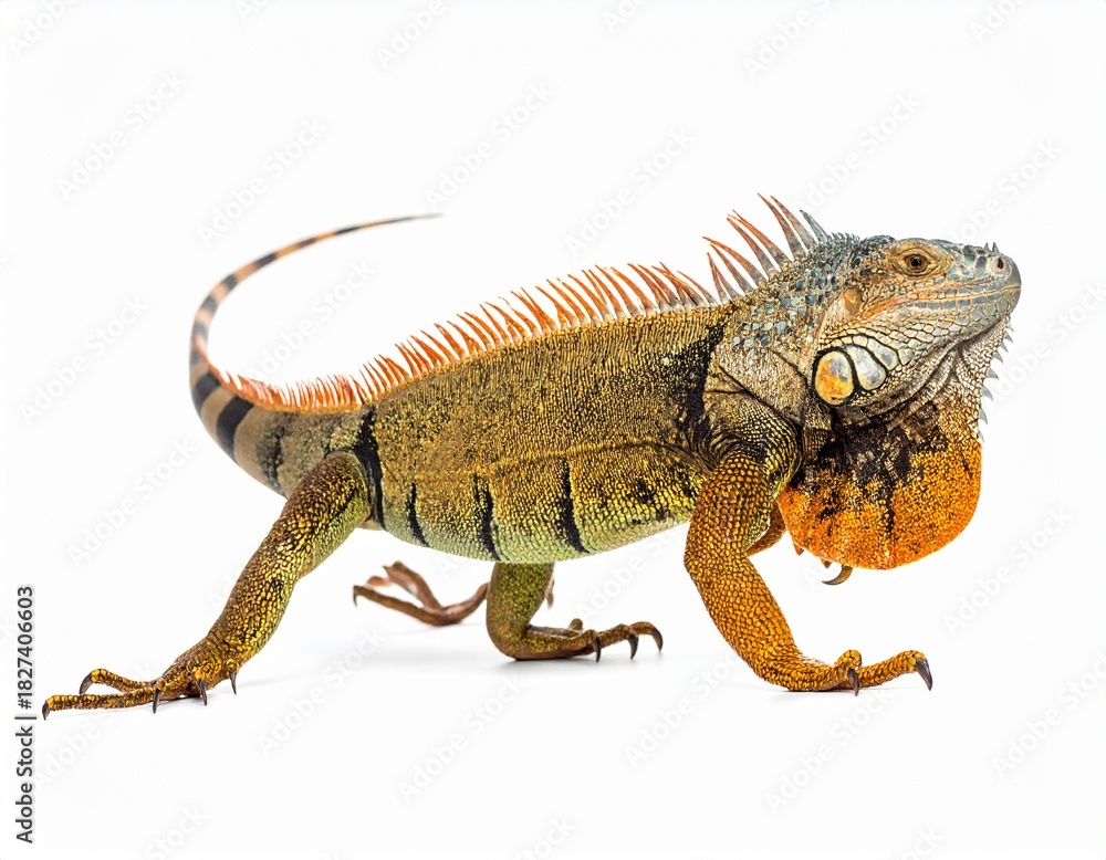 Naklejka premium Side view of a large, mature green iguana walking with its prominent dewlap visible, isolated on a white background, representing wildlife and reptiles.