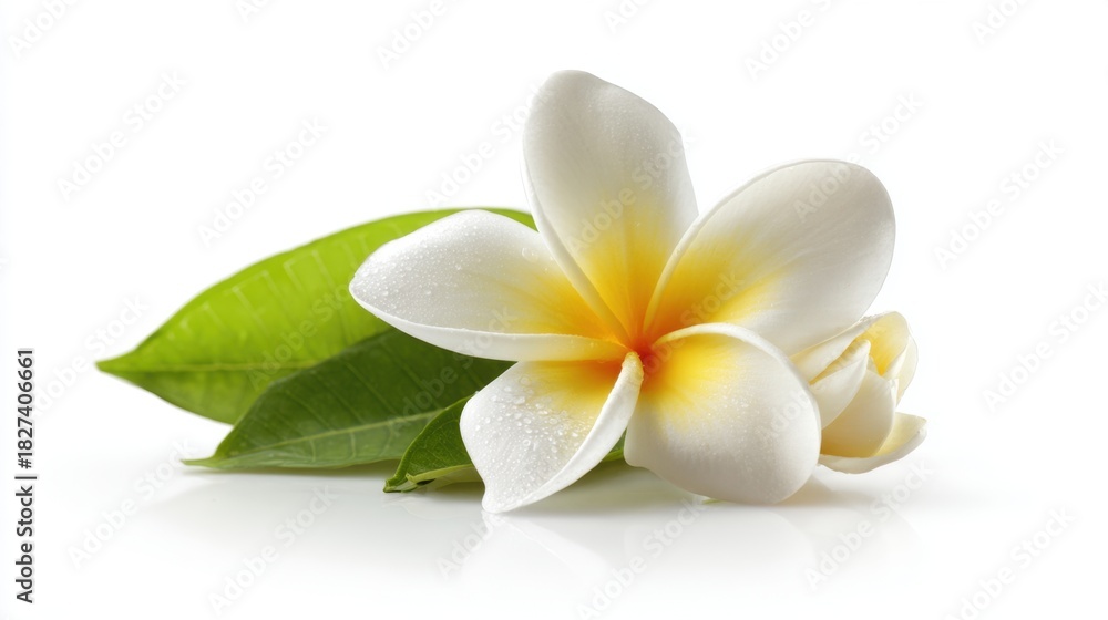 Naklejka premium A plumeria flower displays its delicate white petals with yellow accents resting atop vibrant green leaves. The simple backdrop highlights the flower's beauty and freshness.