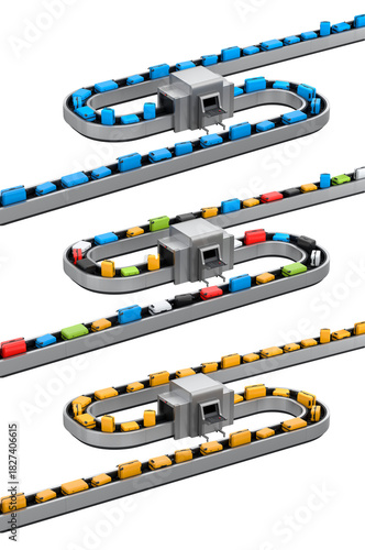 Set of Airport luggage conveyor belt or baggage claim area with suitcases on white.