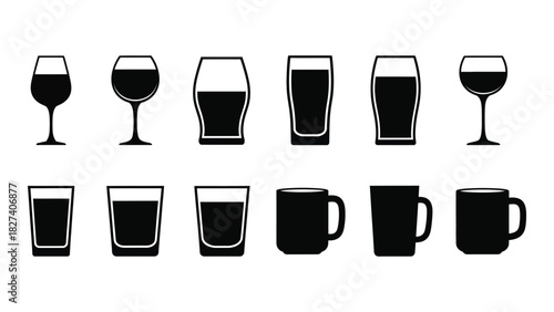 Assorted drinking glasses and mugs silhouettes isolated on white background, Vector