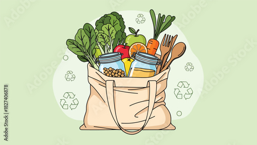 Illustration of reusable grocery bag with fresh food, glass jars, and eco products promoting zero waste shopping. Ideal for sustainability campaigns and eco lifestyle design
