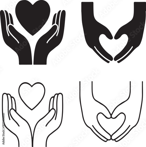 Four diverse hand heart and love symbols in black and white
