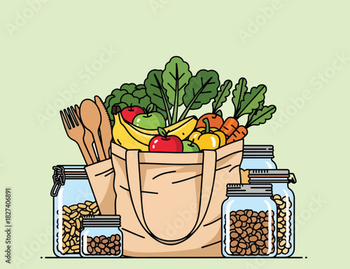 Illustration of reusable grocery bag with fresh food, glass jars, and eco products promoting zero waste shopping. Ideal for sustainability campaigns and eco lifestyle design